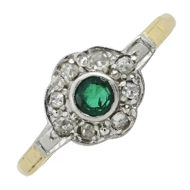 Mid 20th century emerald & diamond cluster ring