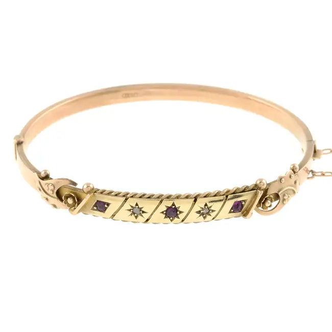 Edwardian 9ct gold ruby & diamond bangle