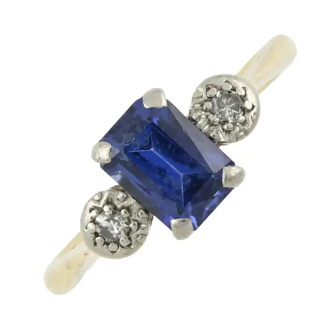 Synthetic sapphire & diamond three-stone ring