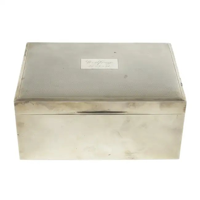 Silver mounted table cigarette box, wood lined  