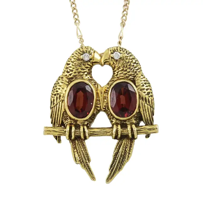 14ct garnet & diamond parrot pendant, with chain