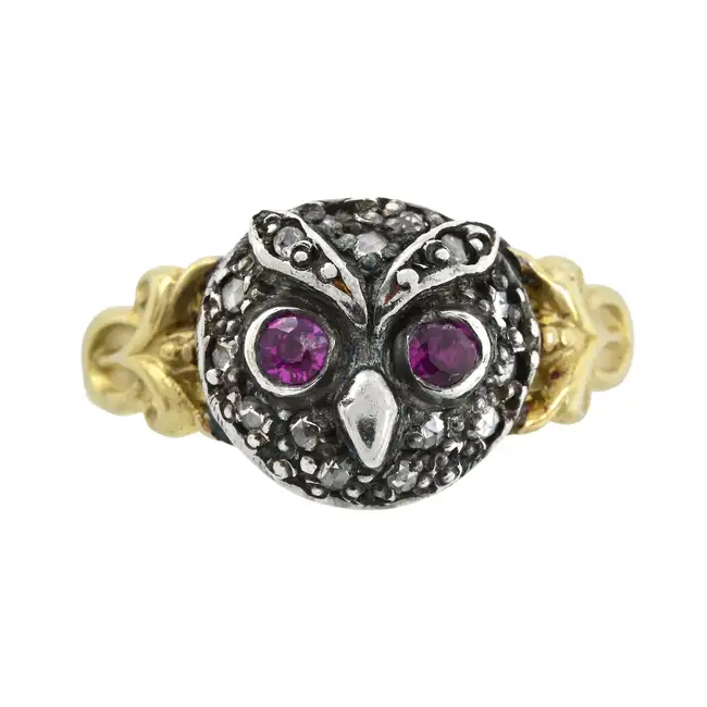 Diamond and ruby owl ring