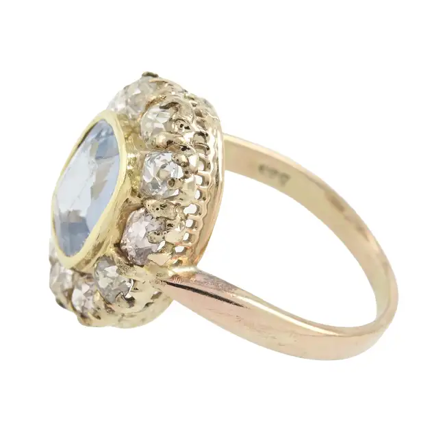Aquamarine and old-cut diamond cluster ring