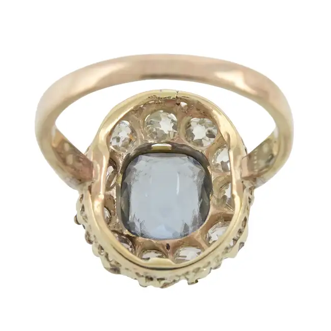 Aquamarine and old-cut diamond cluster ring