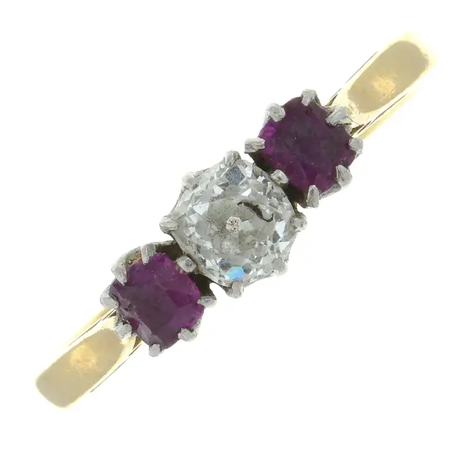 Mid 20th 18ct gold ruby & diamond three-stone ring