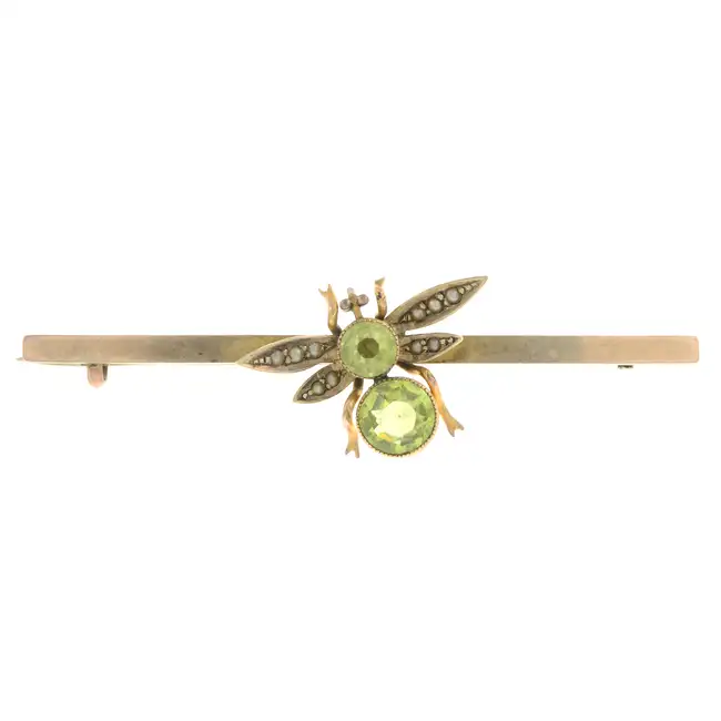 Early 20th century peridot & seed pearl fly brooch