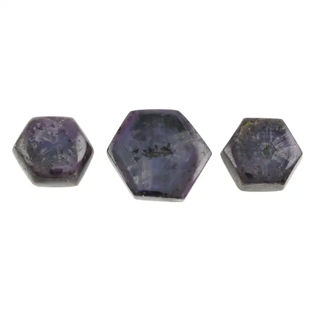 Three hexagonal-shape trapiche sapphires, 150.42ct