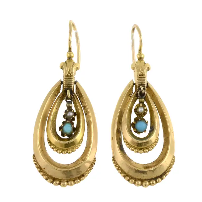 Late 19th c. turquoise & seed pearl drop earrings