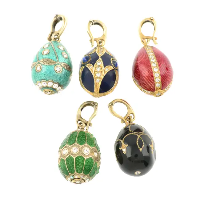 Five enamel & paste egg charms/pendants