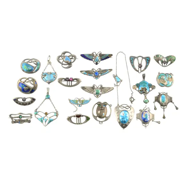 Selection of enamel jewellery by Charles Horner