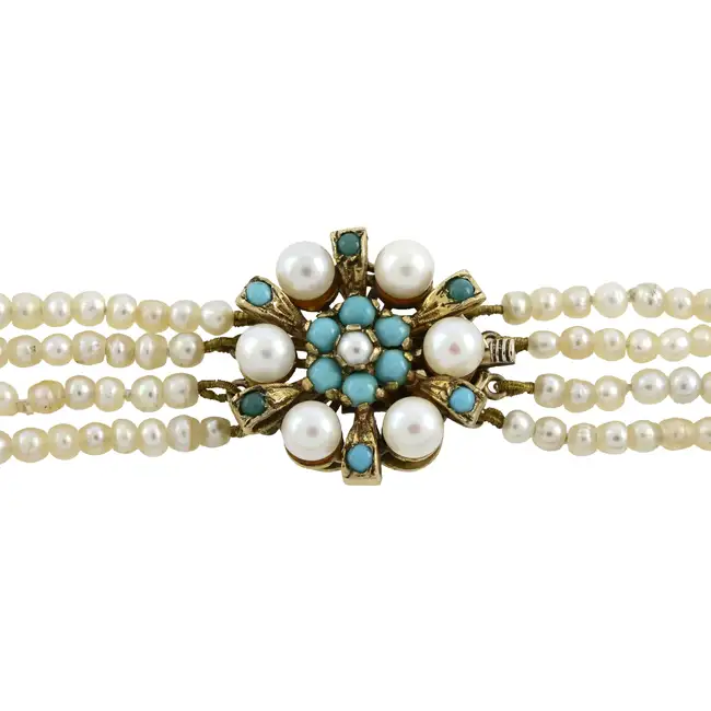 Graduated natural pearl four-row necklace