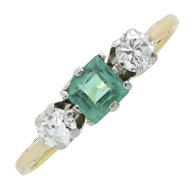 Synthetic emerald & diamond three-stone ring