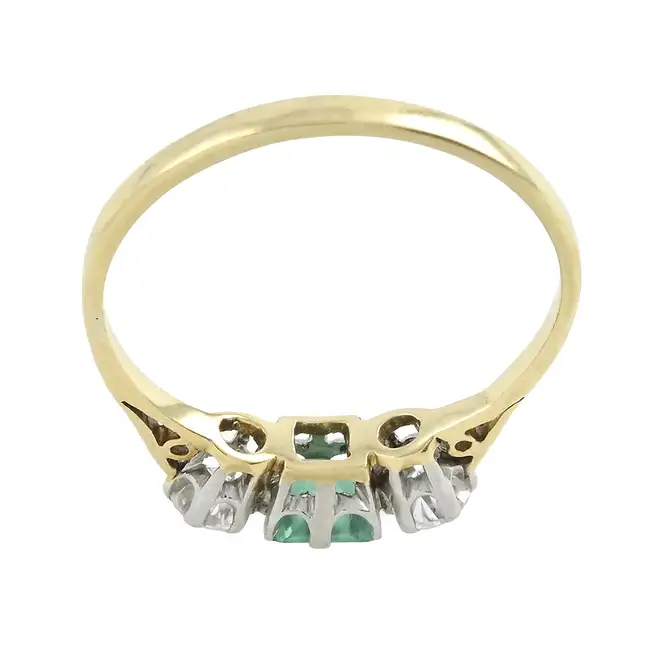 Synthetic emerald & diamond three-stone ring