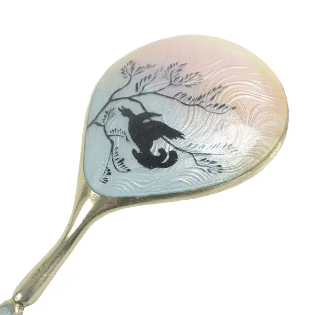 Danish silver & enamel dish; plus an enamel spoon (2)