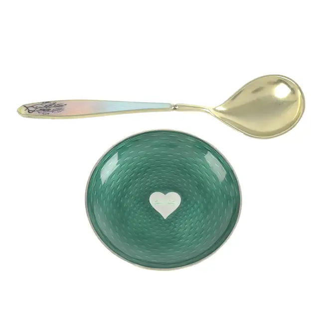 Danish silver & enamel dish; plus an enamel spoon (2)