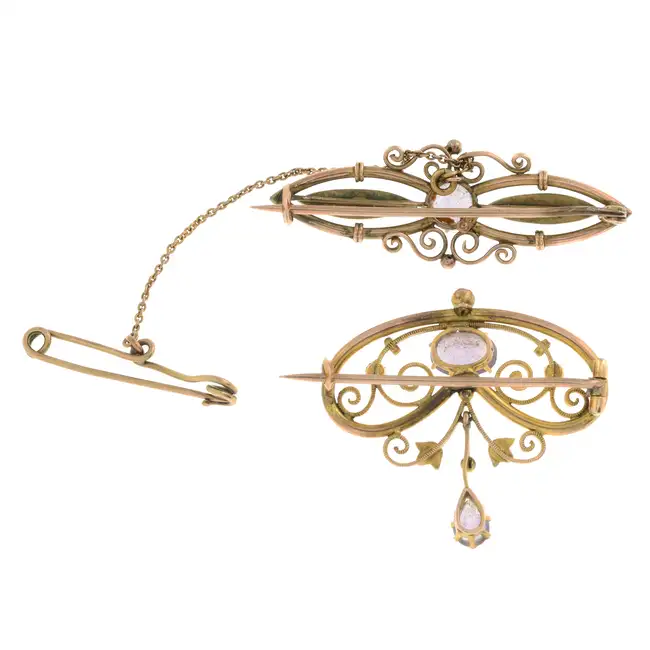 Two early 20th c. amethyst & split pearl brooches