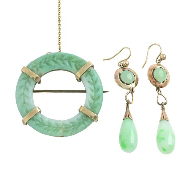 Mid 20th c. jade brooch & drop earrings