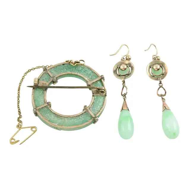 Mid 20th c. jade brooch & drop earrings