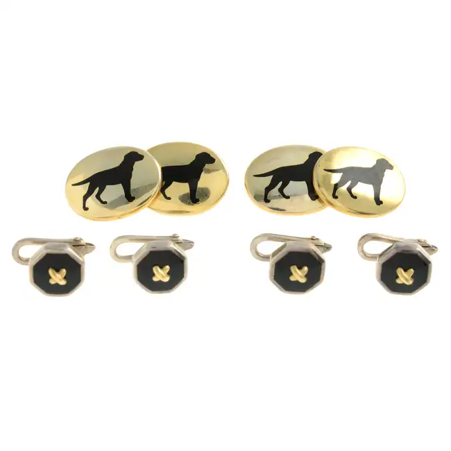Silver dog cufflinks & three button dress studs
