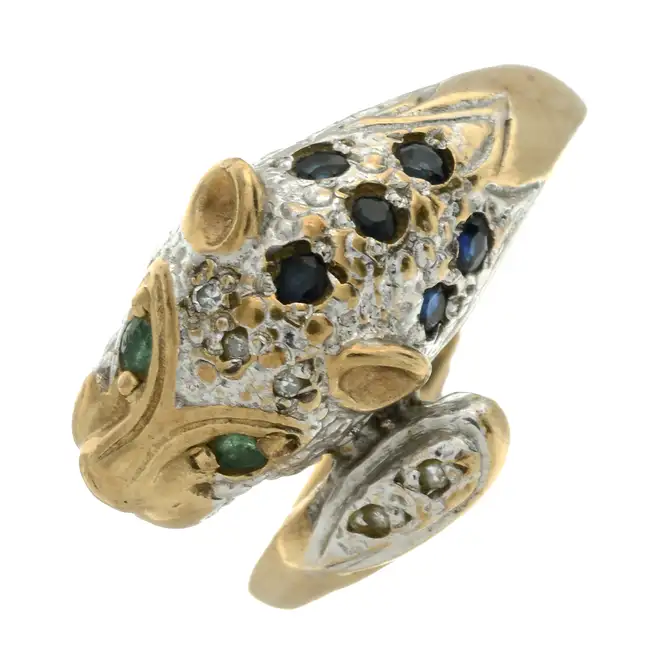 9ct gold sapphire, emerald & diamond panther ring