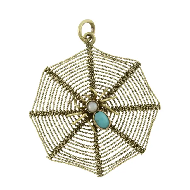 Late 19th turquoise & split pearl spider pendant