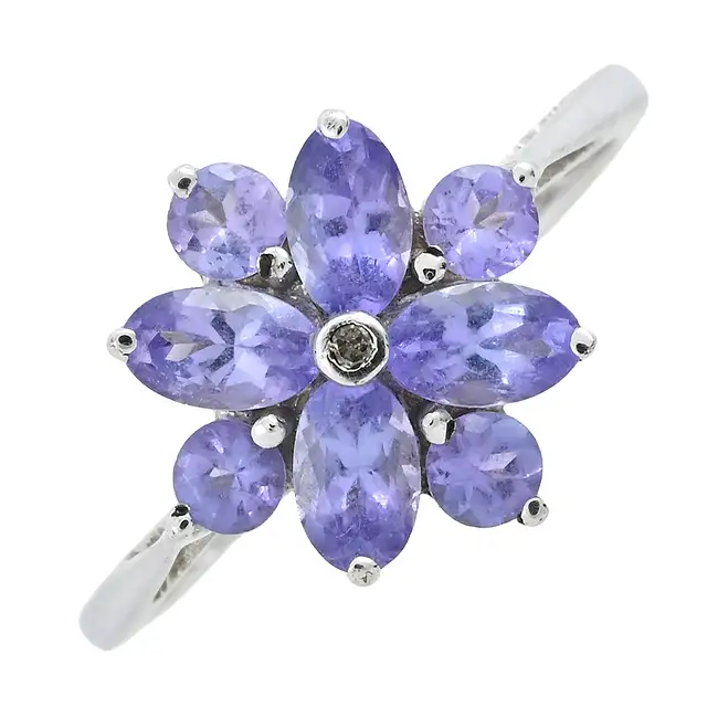 9ct gold tanzanite & diamond floral cluster ring