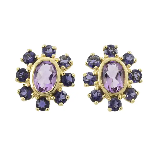9ct gold amethyst & iolite cluster earrings