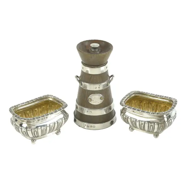 Late Victorian silver mounted pepper mill & pair of open salts (3)
