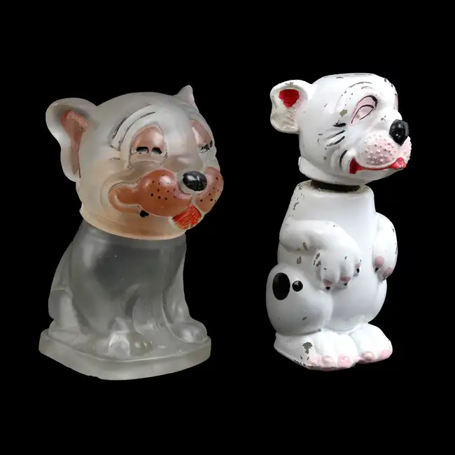 Two scent bottles modelled as Bonzo