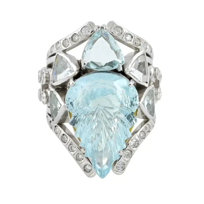 Carved aquamarine and diamond stylised insect ring