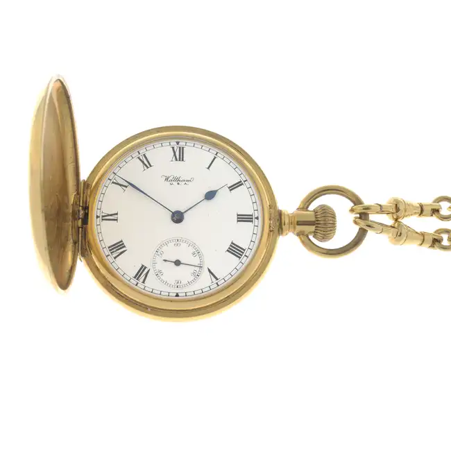 Full hunter pocket watch by Walltham with chain
