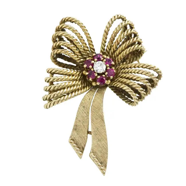 Diamond & ruby bow brooch