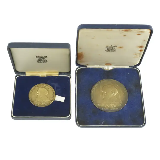 Charles Dickens, Centenary of death 1970, silver-gilt medals (2)