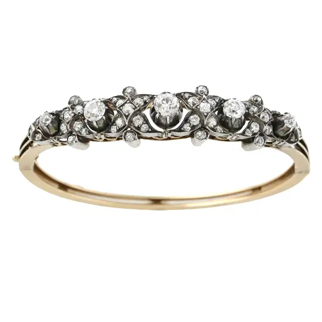 Victorian silver and gold diamond hinged bangle