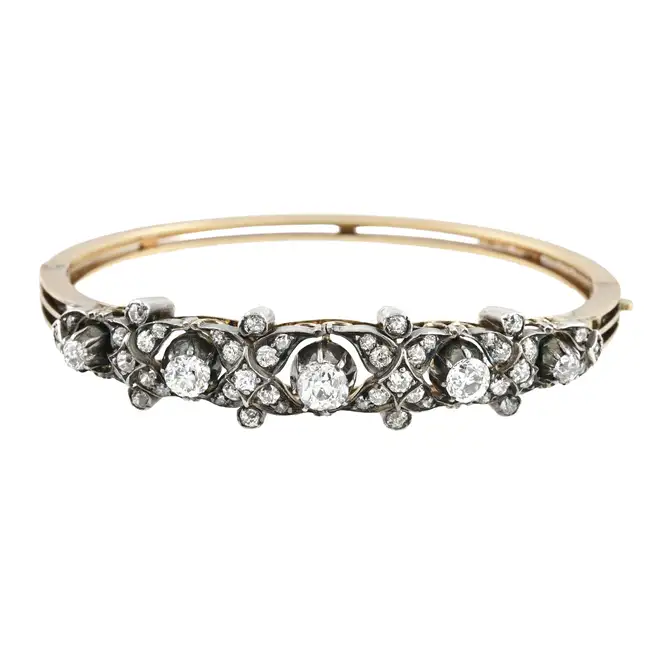Victorian silver and gold diamond hinged bangle