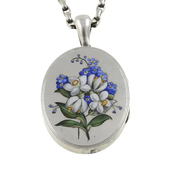 Late Victorian silver enamel locket, with chain