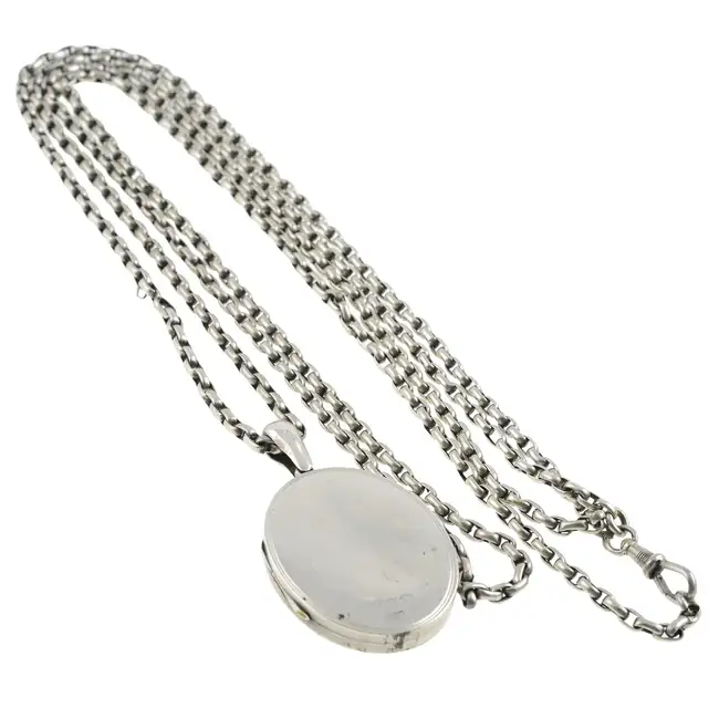Late Victorian silver enamel locket, with chain