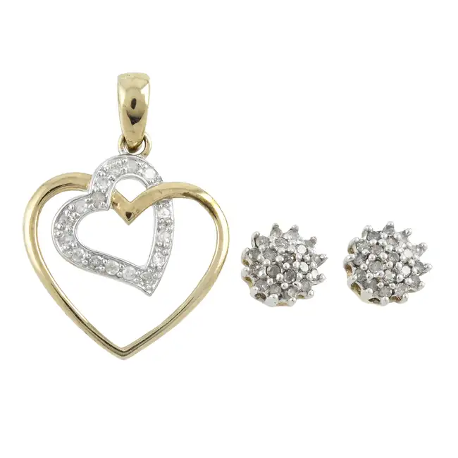 Diamond heart pendant & cluster earrings
