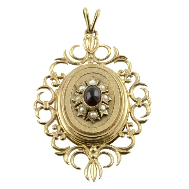 9ct gold garnet & split pearl locket pendant