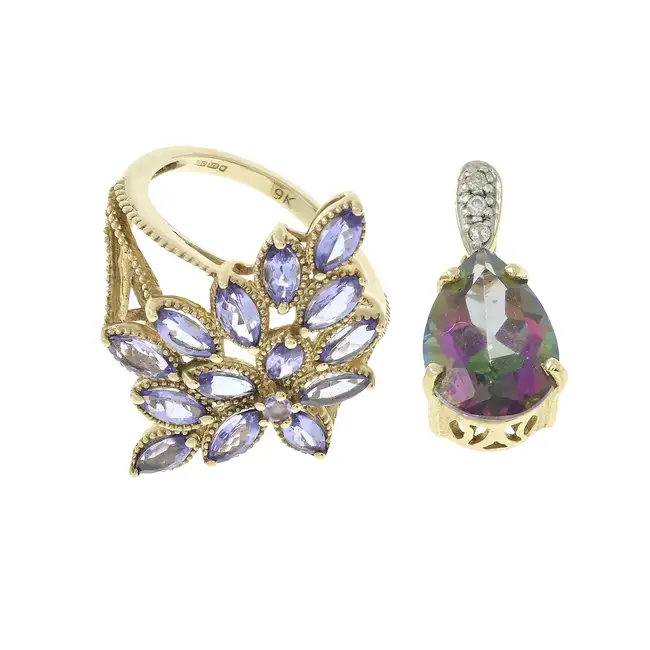 9ct gold tanzanite ring & coated topaz pendant