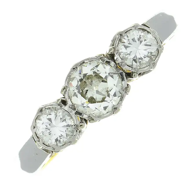 Mid 20th gold vari-cut diamond three-stone ring