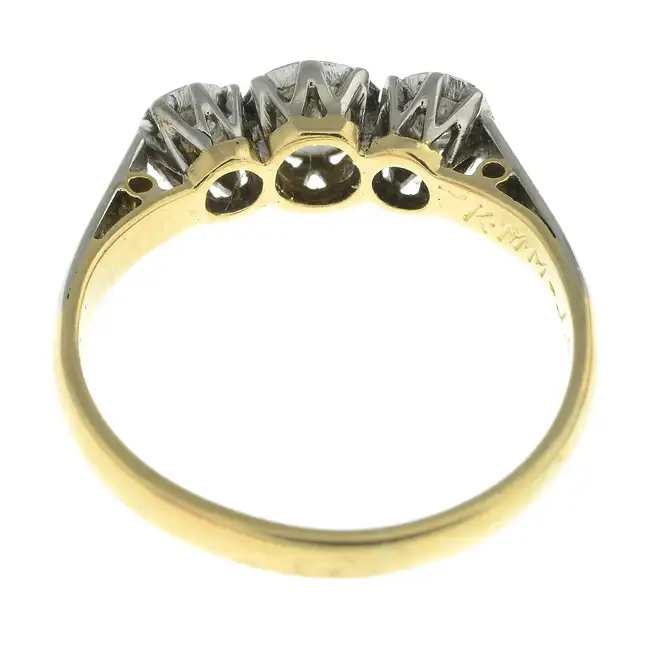 Mid 20th gold vari-cut diamond three-stone ring