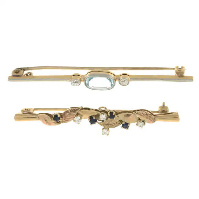 Two 20th century gem & diamond bar brooches