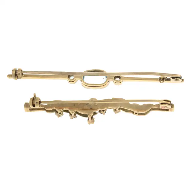 Two 20th century gem & diamond bar brooches