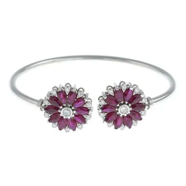 18ct gold ruby & diamond floral cuff bangle