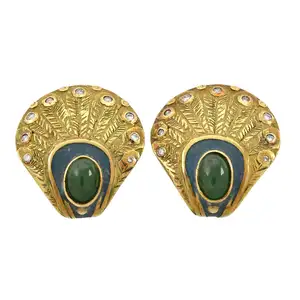 Jade, diamond and enamel peacock feather earrings
