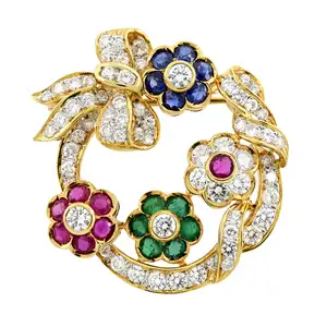 Diamond, ruby, sapphire and emerald brooch