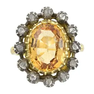 Golden topaz and diamond point cluster ring