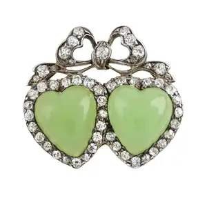 Victorian chrysoprase and diamond hearts brooch
