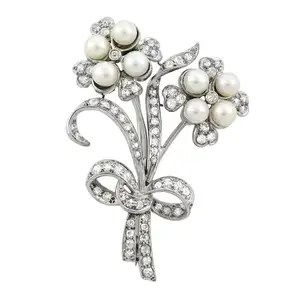 Cultured pearl and diamond floral spray brooch